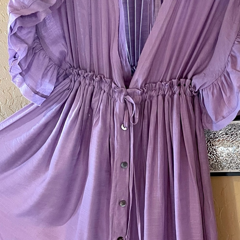 Butterfly Orchid Boho Gauze Button Front Flutter Maxi Dress W/Adjustable Tie - Picture 12 of 12